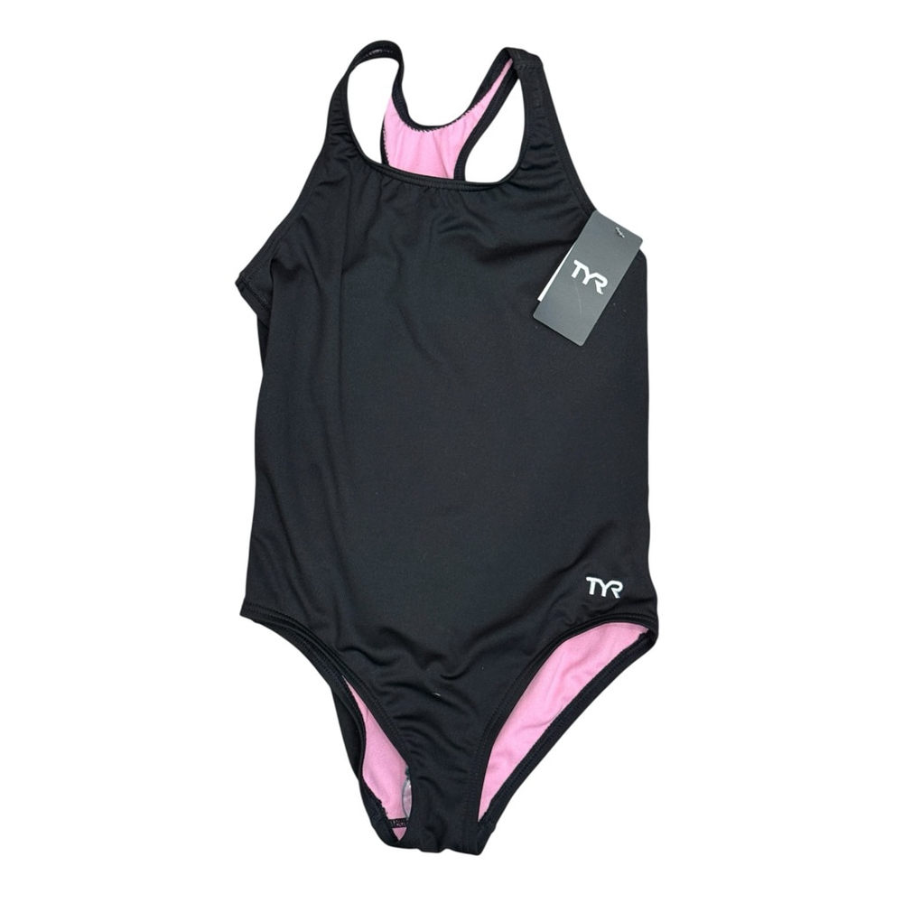 TYR Girls Black One Piece Swimsuit Pink Lining Size L 10/12 NWT - Picture 2 of 5